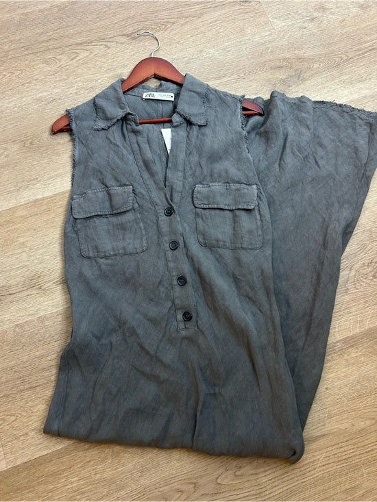 Zara 100% Linen Charcoal Gray Button Down Raw Hem Tank Collared Maxi Dress