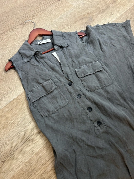 Zara 100% Linen Charcoal Gray Button Down Raw Hem Tank Collared Maxi Dress