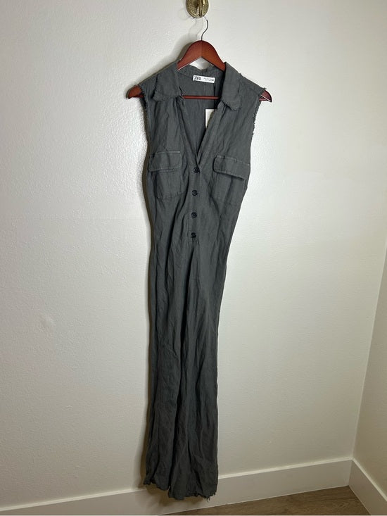 Zara 100% Linen Charcoal Gray Button Down Raw Hem Tank Collared Maxi Dress