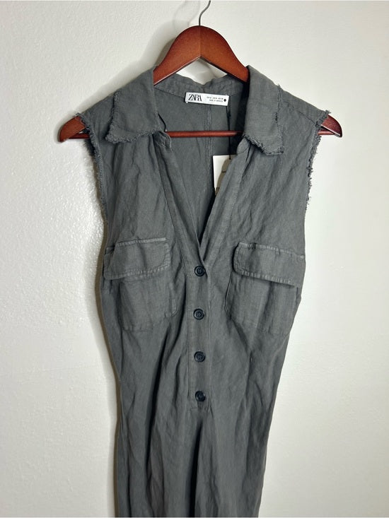 Zara 100% Linen Charcoal Gray Button Down Raw Hem Tank Collared Maxi Dress