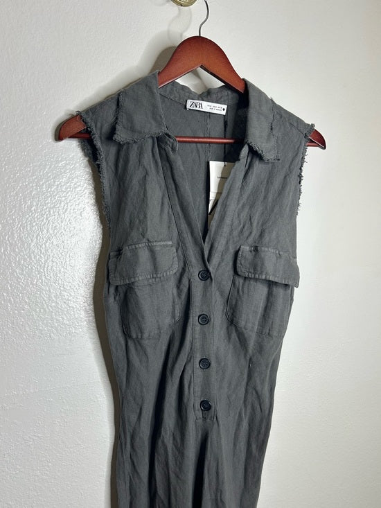Zara 100% Linen Charcoal Gray Button Down Raw Hem Tank Collared Maxi Dress