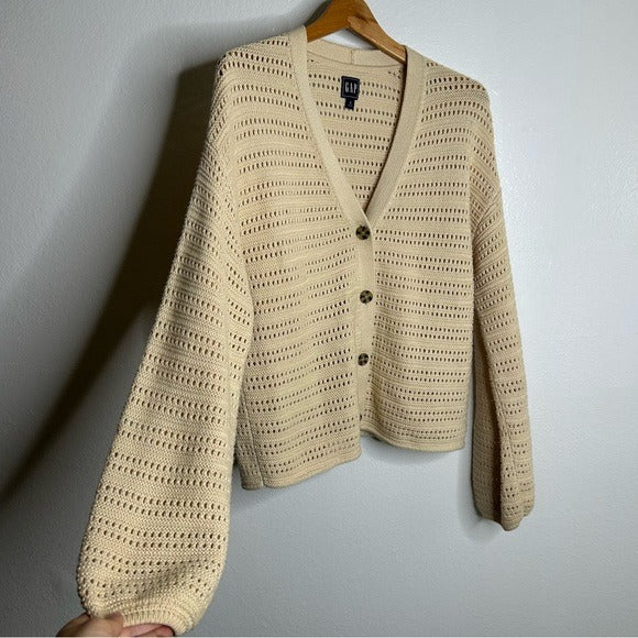 GAP GAP 100% Cotton Crochet Textured Open Knit Button Down Cardigan Sweater - Cotton