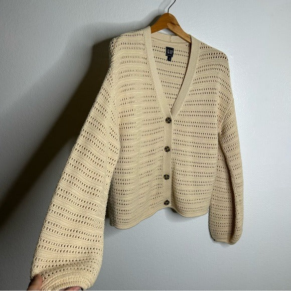 GAP GAP 100% Cotton Crochet Textured Open Knit Button Down Cardigan Sweater - Cotton