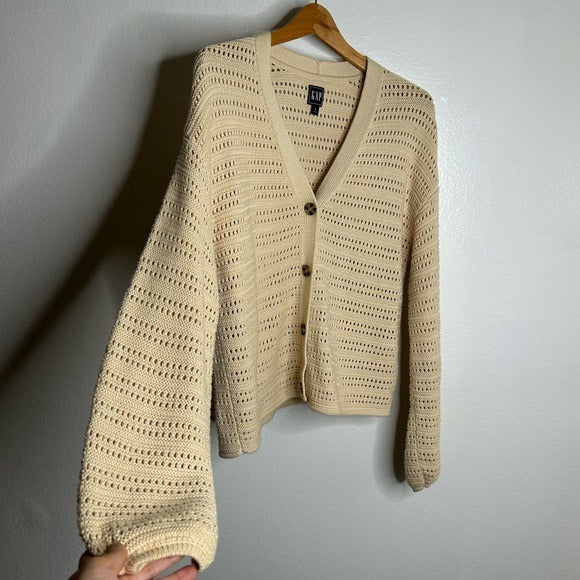 GAP GAP 100% Cotton Crochet Textured Open Knit Button Down Cardigan Sweater - Cotton
