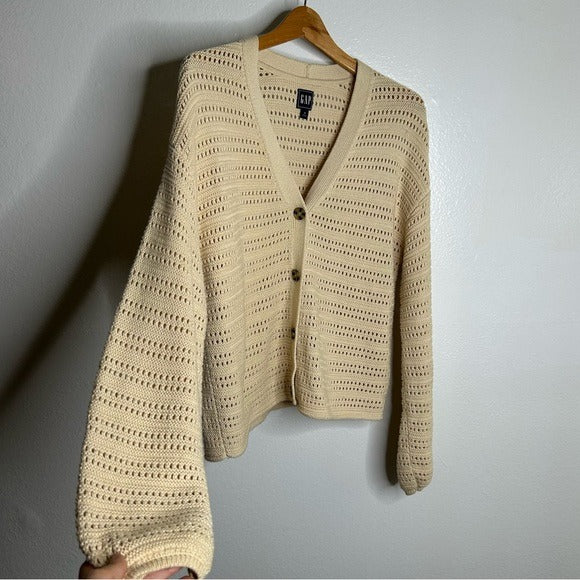 GAP GAP 100% Cotton Crochet Textured Open Knit Button Down Cardigan Sweater - Cotton