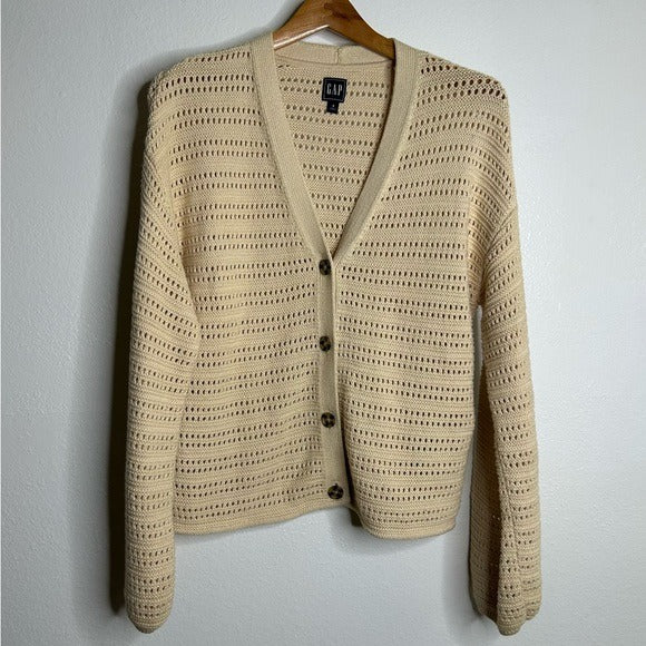 GAP GAP 100% Cotton Crochet Textured Open Knit Button Down Cardigan Sweater - Cotton