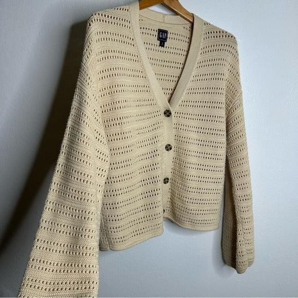 GAP GAP 100% Cotton Crochet Textured Open Knit Button Down Cardigan Sweater - Cotton