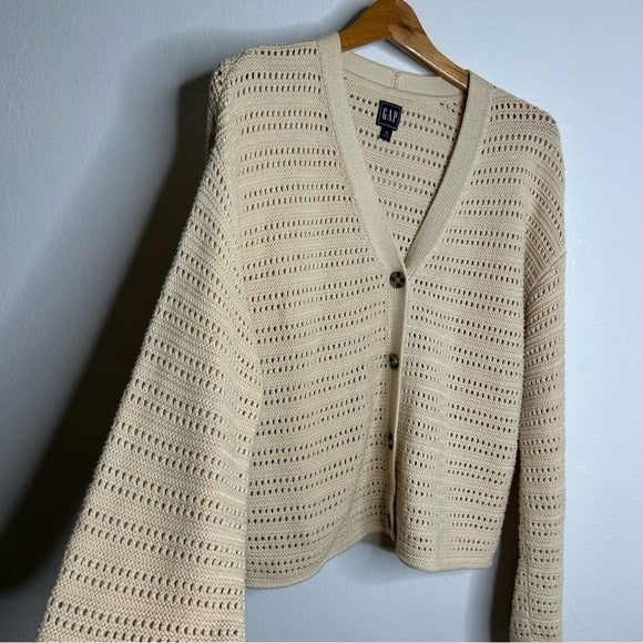 GAP 100% Cotton Crochet Textured Open Knit Button Down Cardigan Sweater