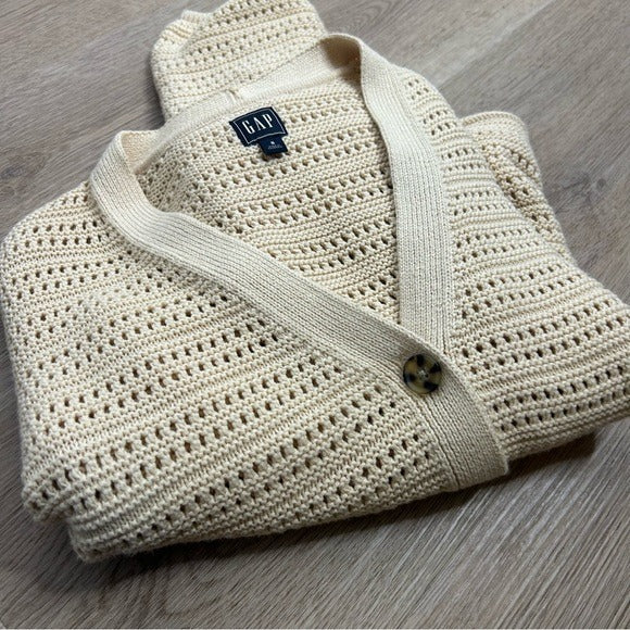 GAP 100% Cotton Crochet Textured Open Knit Button Down Cardigan Sweater