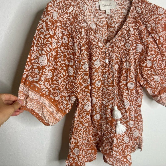Cleobella 100% Organic Cotton Orange White Floral Button Down Short Sleeve