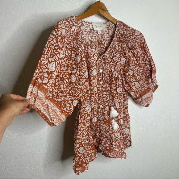 Cleobella Cleobella 100% Organic Cotton Orange White Floral Button Down Short Sleeve - Cotton