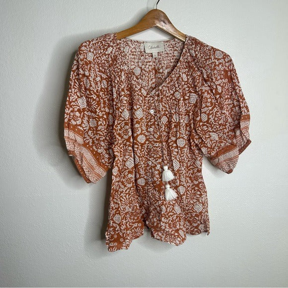 Cleobella Cleobella 100% Organic Cotton Orange White Floral Button Down Short Sleeve - Cotton