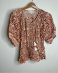 Cleobella 100% Organic Cotton Orange White Floral Button Down Short Sleeve