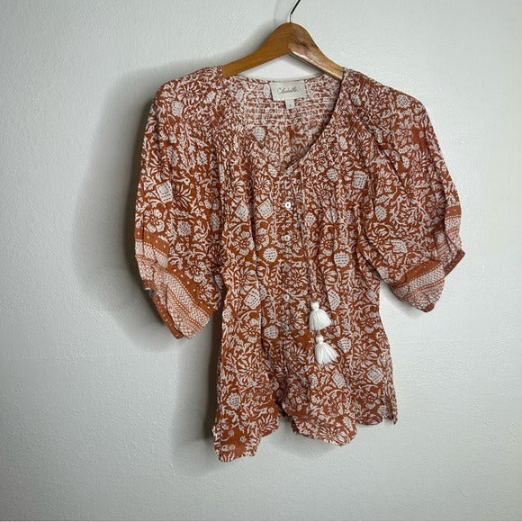 Cleobella Cleobella 100% Organic Cotton Orange White Floral Button Down Short Sleeve - Cotton