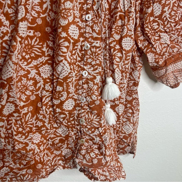 Cleobella Cleobella 100% Organic Cotton Orange White Floral Button Down Short Sleeve - Cotton
