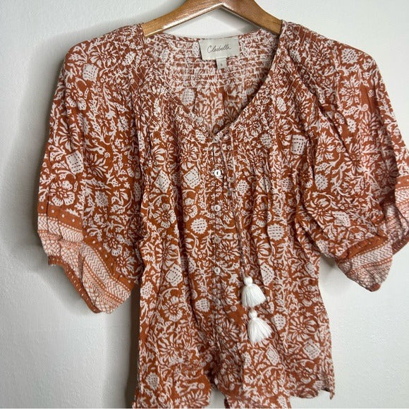 Cleobella Cleobella 100% Organic Cotton Orange White Floral Button Down Short Sleeve - Cotton
