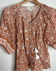 Cleobella 100% Organic Cotton Orange White Floral Button Down Short Sleeve