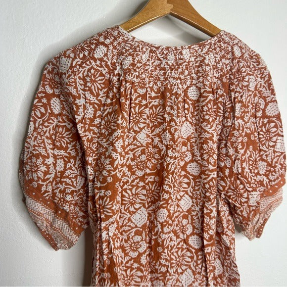 Cleobella Cleobella 100% Organic Cotton Orange White Floral Button Down Short Sleeve - Cotton