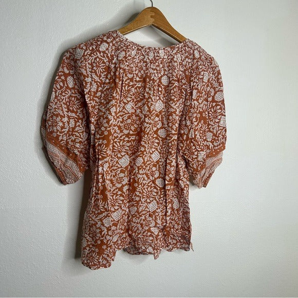 Cleobella 100% Organic Cotton Orange White Floral Button Down Short Sleeve