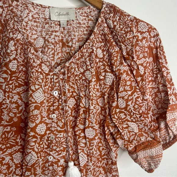 Cleobella 100% Organic Cotton Orange White Floral Button Down Short Sleeve