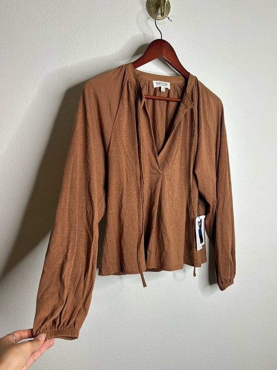 Nation LA 100% Pima Cotton Rust Long Sleeve Slouchy Peasant Blouse Tie Front