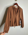 Nation LA 100% Pima Cotton Rust Long Sleeve Slouchy Peasant Blouse Tie Front