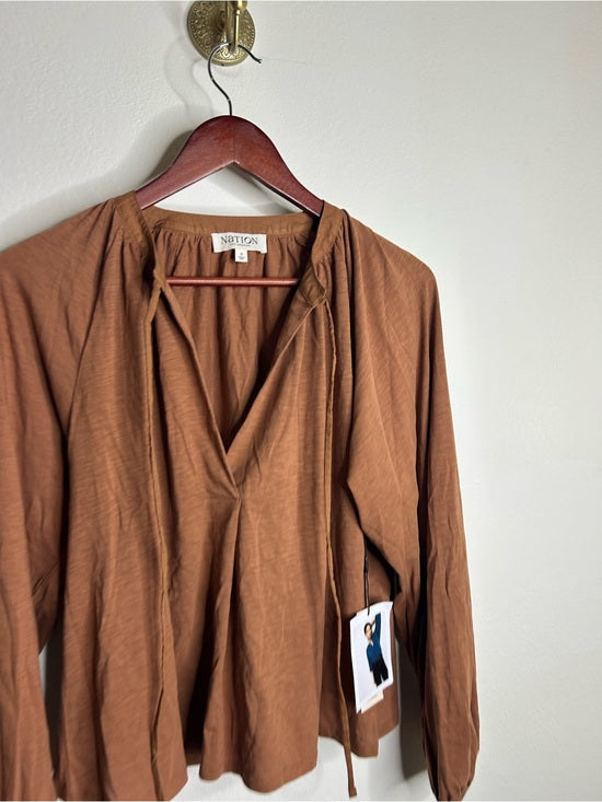 Nation LA 100% Pima Cotton Rust Long Sleeve Slouchy Peasant Blouse Tie Front