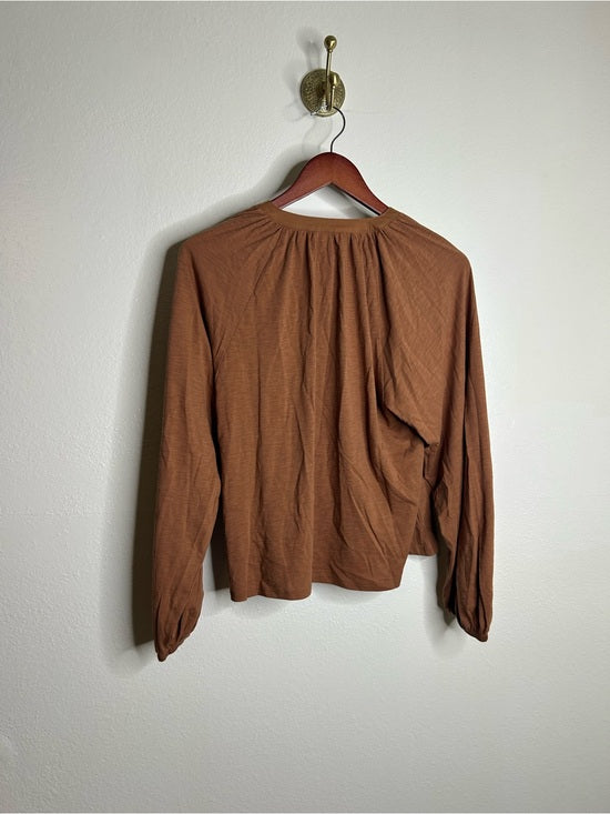 Nation LA 100% Pima Cotton Rust Long Sleeve Slouchy Peasant Blouse Tie Front