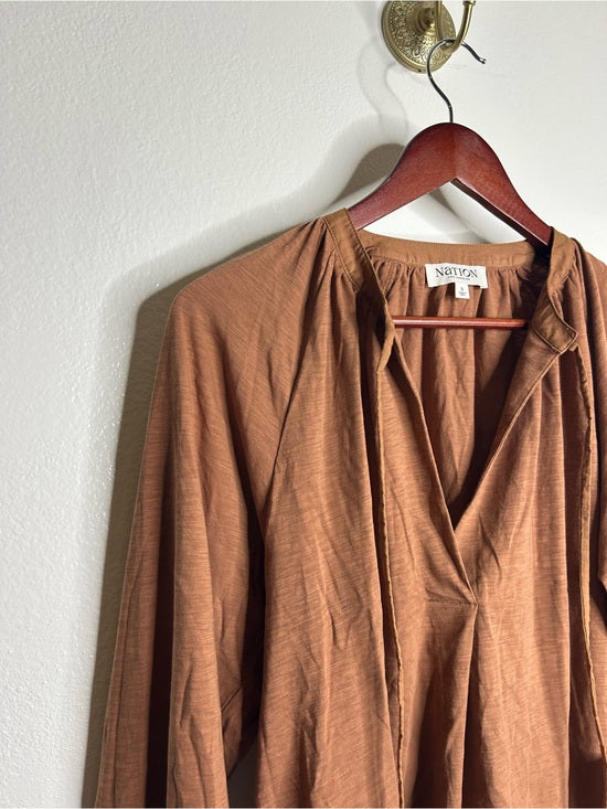 Nation LA 100% Pima Cotton Rust Long Sleeve Slouchy Peasant Blouse Tie Front