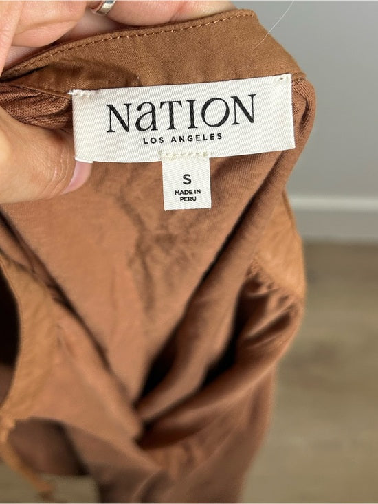 Nation LA 100% Pima Cotton Rust Long Sleeve Slouchy Peasant Blouse Tie Front