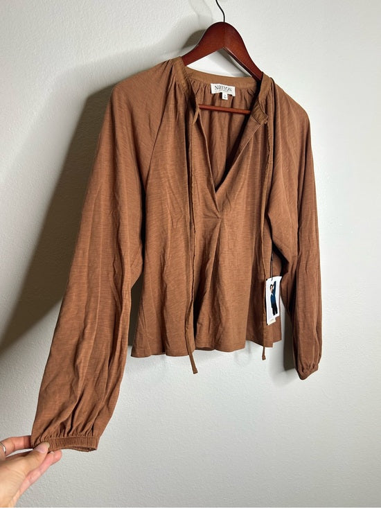 Nation LA 100% Pima Cotton Rust Long Sleeve Slouchy Peasant Blouse Tie Front