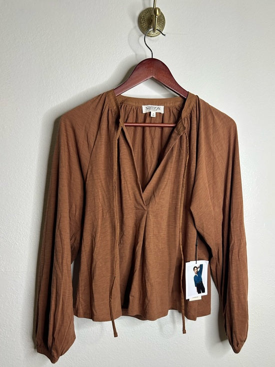 Nation LA 100% Pima Cotton Rust Long Sleeve Slouchy Peasant Blouse Tie Front