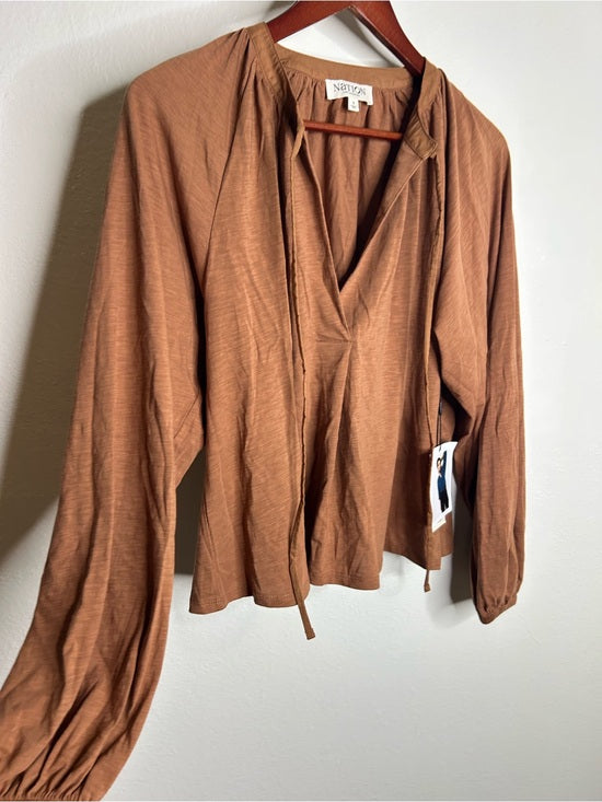 Nation LA 100% Pima Cotton Rust Long Sleeve Slouchy Peasant Blouse Tie Front
