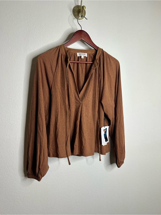 Nation LA 100% Pima Cotton Rust Long Sleeve Slouchy Peasant Blouse Tie Front