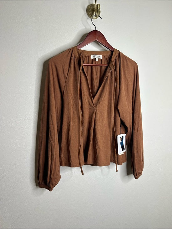 Nation LA 100% Pima Cotton Rust Long Sleeve Slouchy Peasant Blouse Tie Front