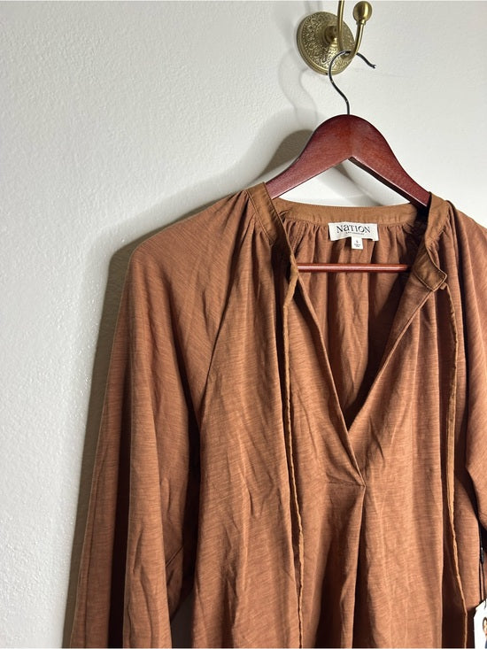 Nation LA 100% Pima Cotton Rust Long Sleeve Slouchy Peasant Blouse Tie Front