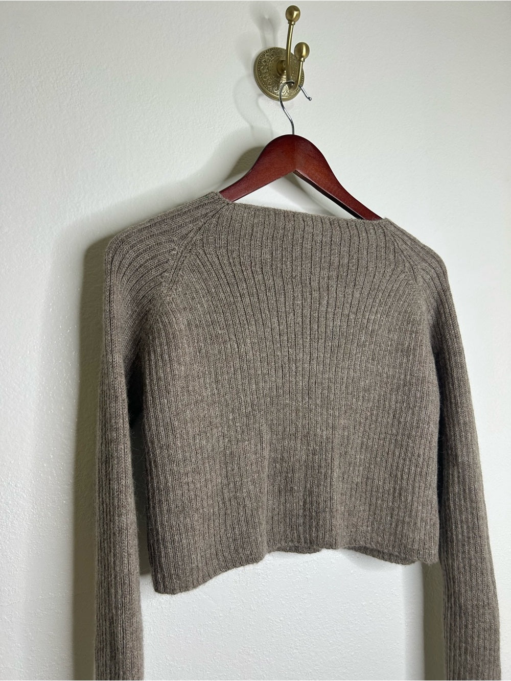 All We Knit is Love 100% Alpaca Tan Neutral Ribbed Cropped Boat Neck Sweater