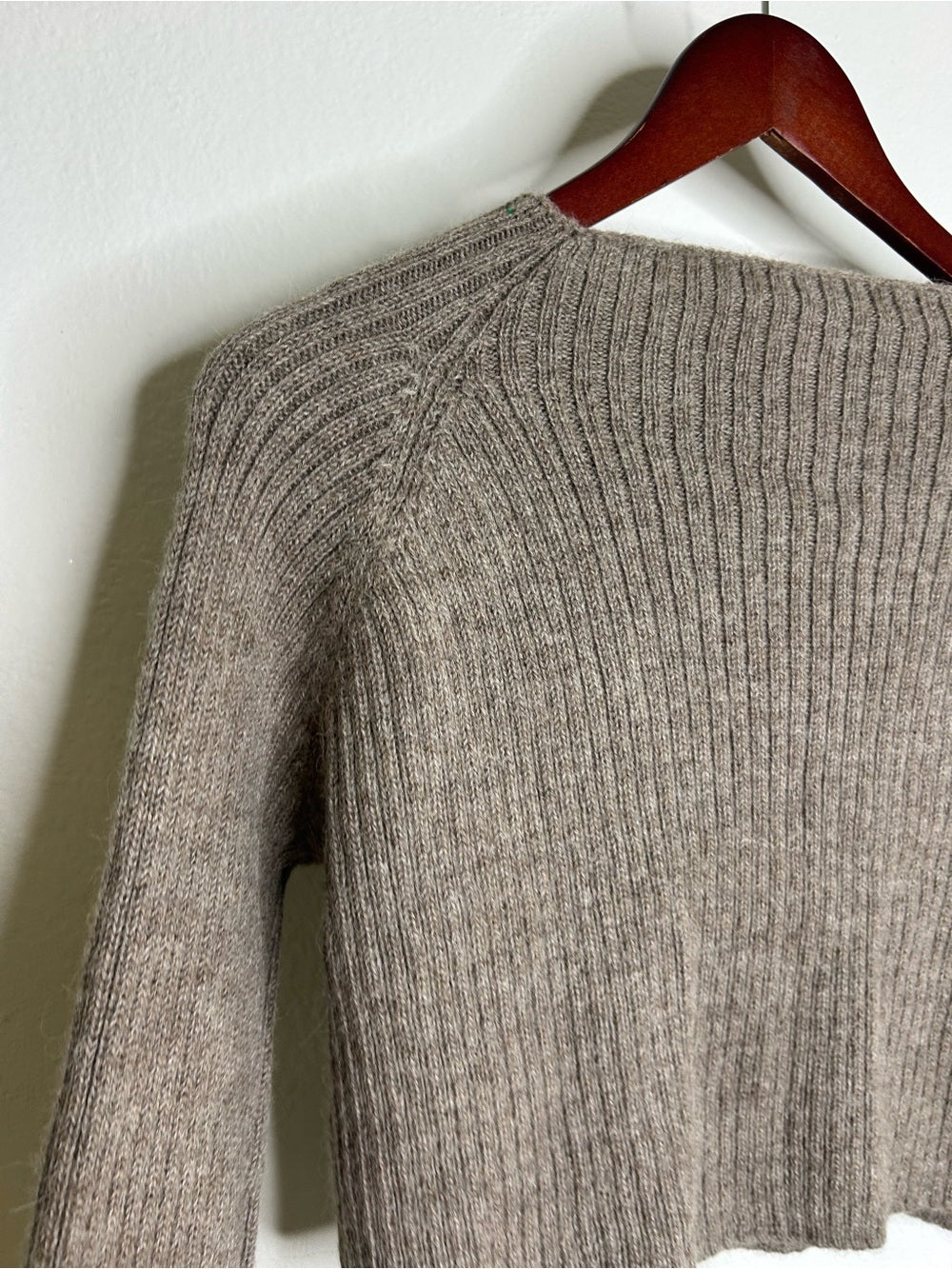 All We Knit is Love 100% Alpaca Tan Neutral Ribbed Cropped Boat Neck Sweater