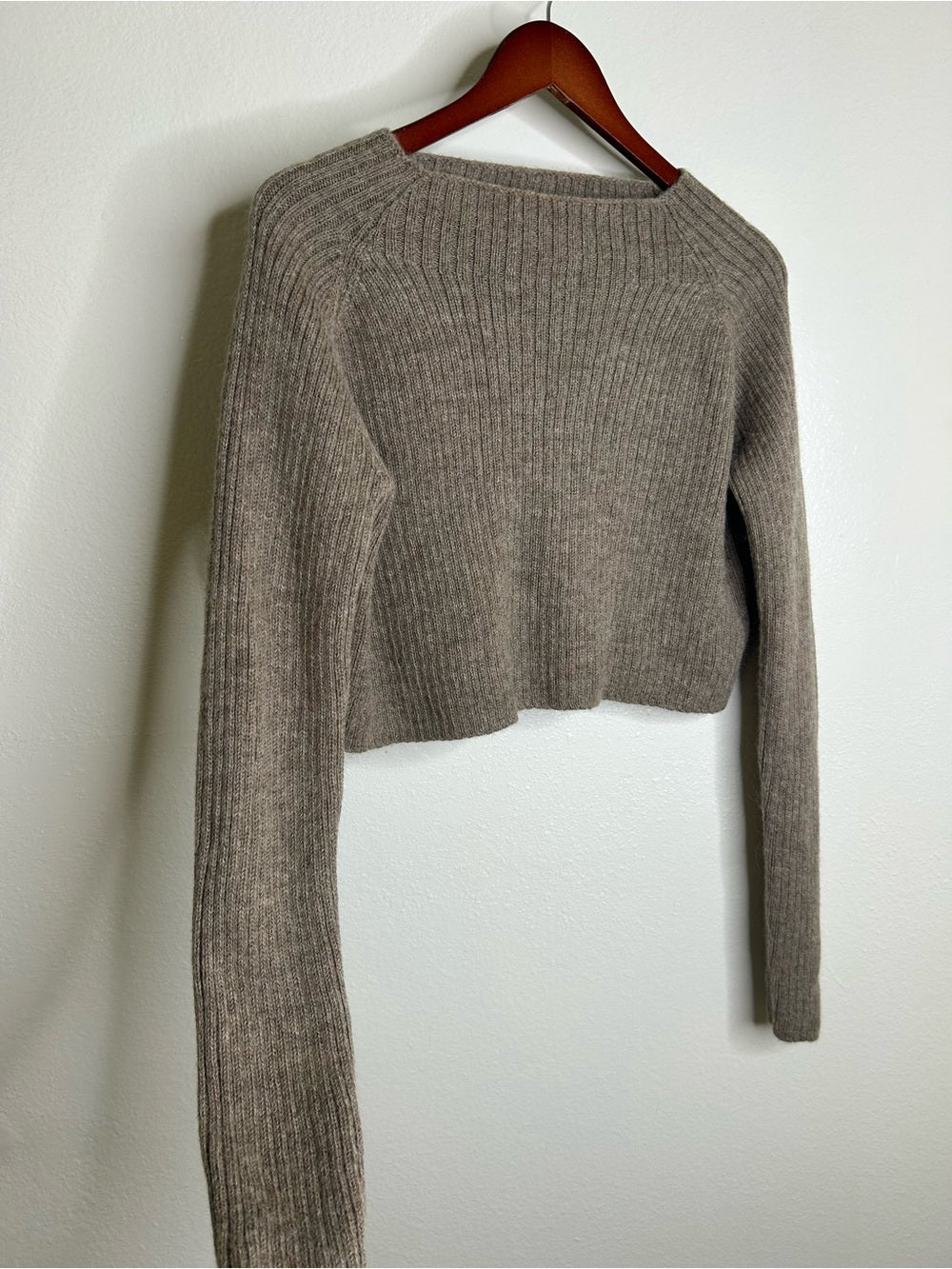 All We Knit is Love 100% Alpaca Tan Neutral Ribbed Cropped Boat Neck Sweater