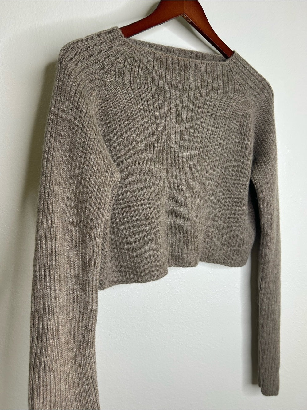 All We Knit is Love 100% Alpaca Tan Neutral Ribbed Cropped Boat Neck Sweater