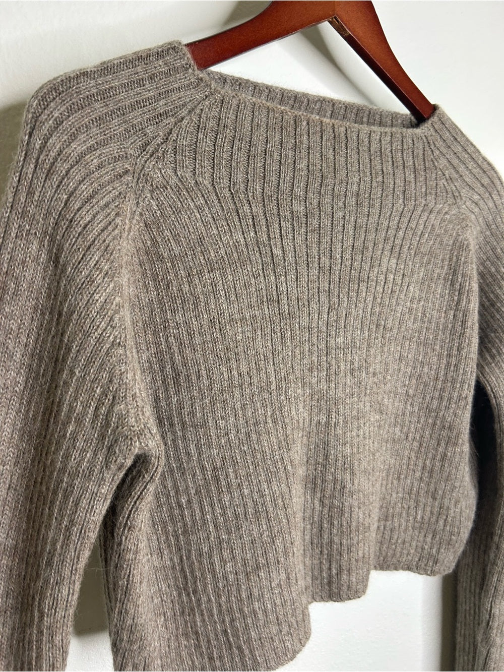 All We Knit is Love 100% Alpaca Tan Neutral Ribbed Cropped Boat Neck Sweater
