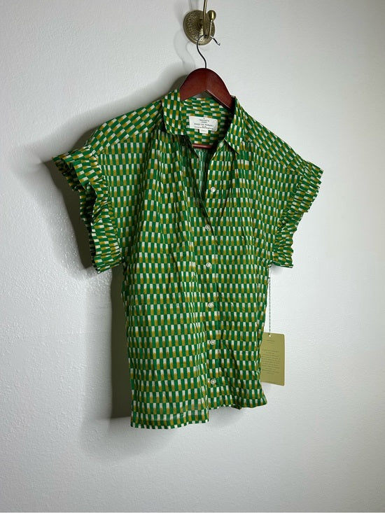 Trovata 100% Cotton Green Multicolor Marianne B Ruffle Sleeve Shirt