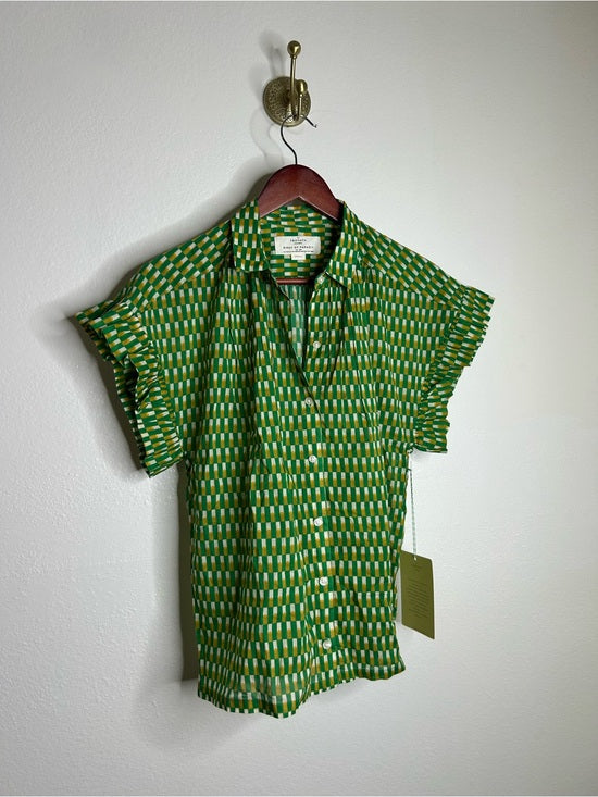 Trovata 100% Cotton Green Multicolor Marianne B Ruffle Sleeve Shirt
