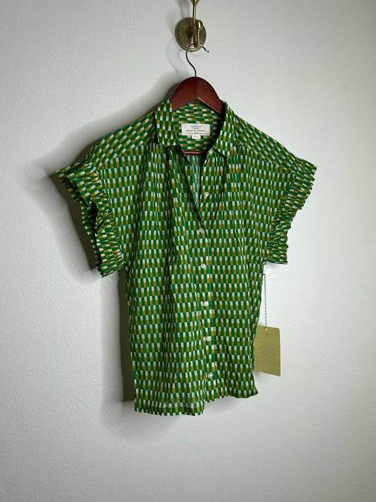 Trovata 100% Cotton Green Multicolor Marianne B Ruffle Sleeve Shirt