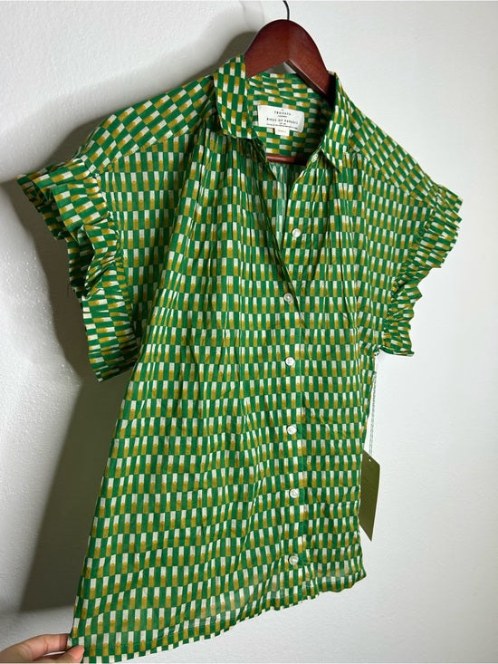 Trovata 100% Cotton Green Multicolor Marianne B Ruffle Sleeve Shirt