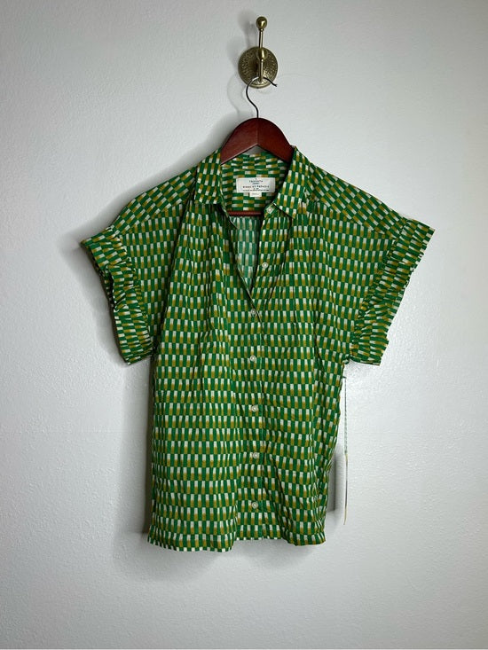 Trovata 100% Cotton Green Multicolor Marianne B Ruffle Sleeve Shirt