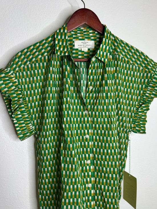 Trovata 100% Cotton Green Multicolor Marianne B Ruffle Sleeve Shirt