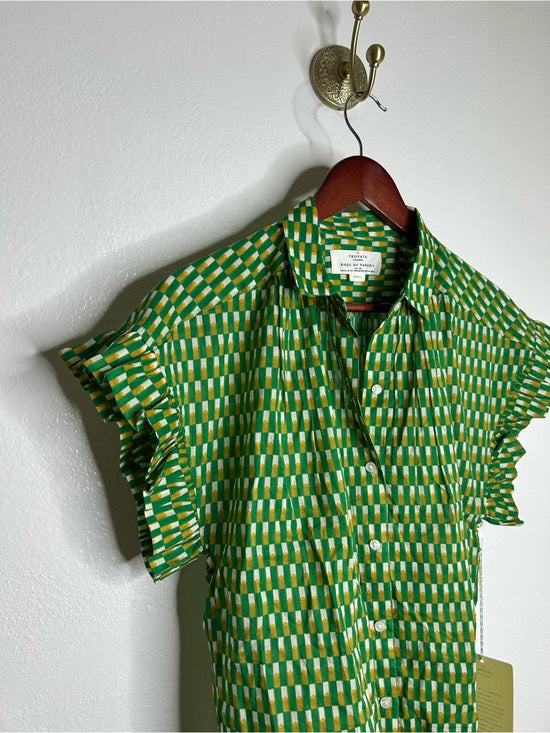 Trovata 100% Cotton Green Multicolor Marianne B Ruffle Sleeve Shirt