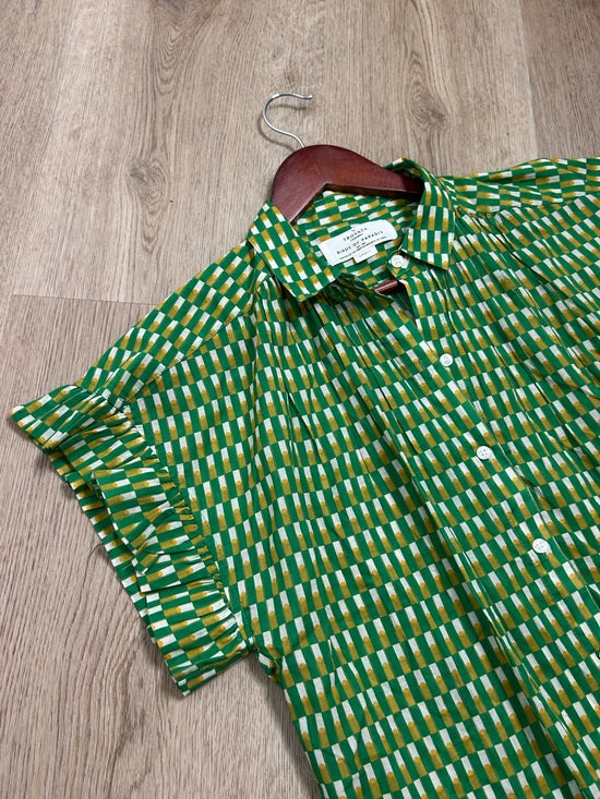 Trovata 100% Cotton Green Multicolor Marianne B Ruffle Sleeve Shirt