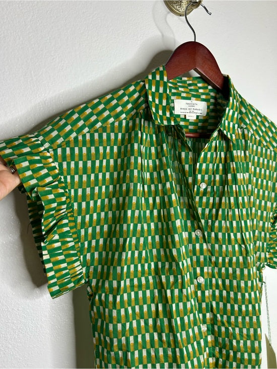 Trovata 100% Cotton Green Multicolor Marianne B Ruffle Sleeve Shirt